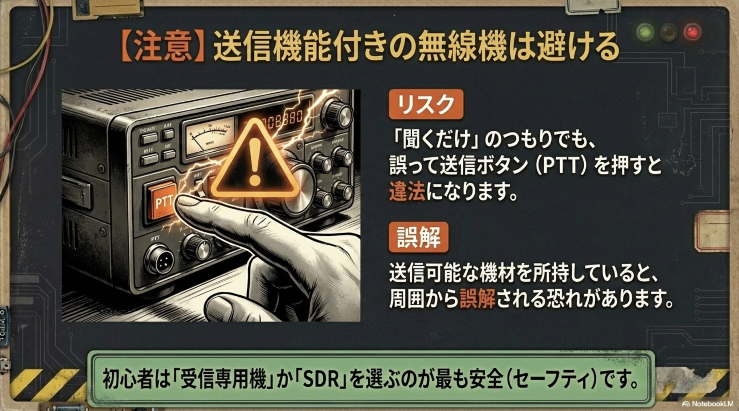 トランシーバーのPTTボタンを誤って押して電波を発射してしまうリスクへの注意喚起イラスト