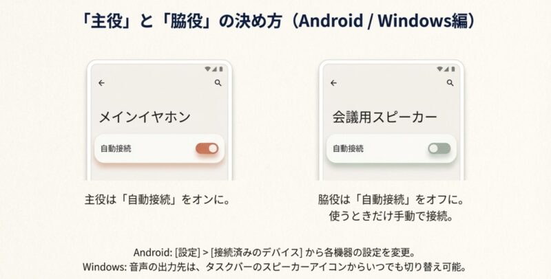 Androidの設定画面イメージ。メインイヤホンは「自動接続オン」、会議用スピーカーは「自動接続オフ」に設定し分けている様子。