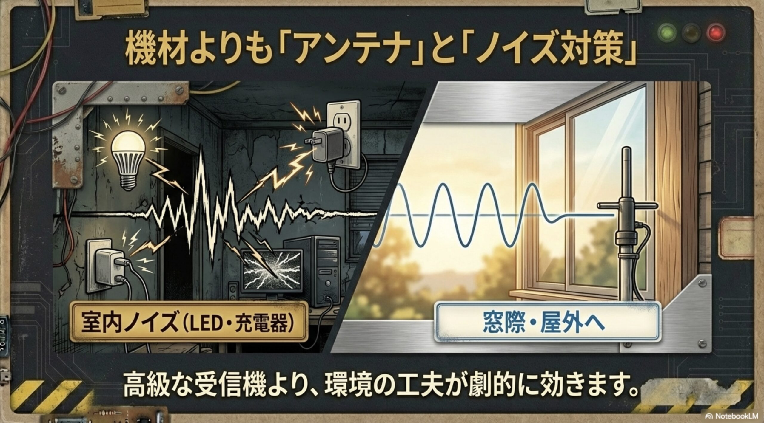 高級な受信機を買うよりもアンテナを屋外に出しノイズ源を減らす方が効果的であることを示す図