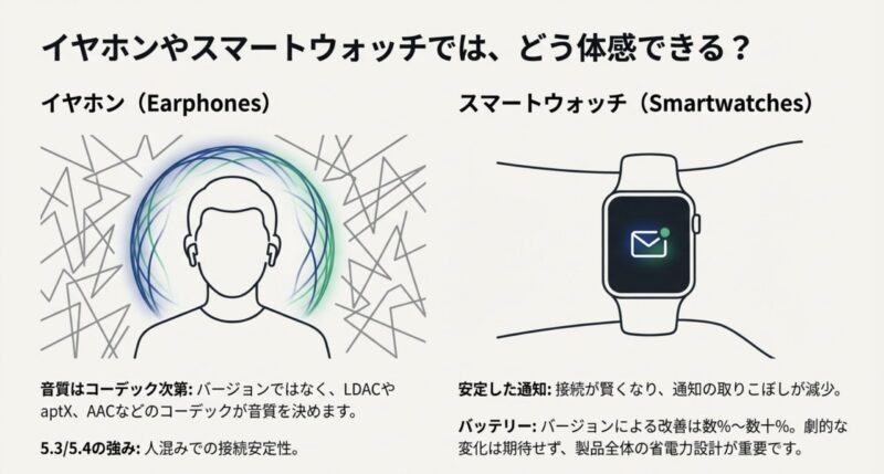 イヤホンは音質がバージョンよりコーデックに左右されること、スマートウォッチは通知の安定性や省電力が効くことを対比して示す図。