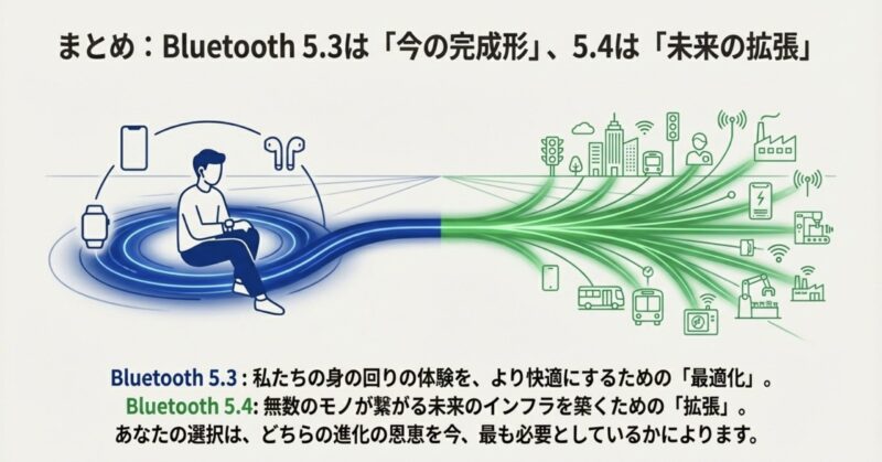 Bluetooth 5.3は日常体験の最適化、Bluetooth 5.4は多数デバイスがつながるIoT向け拡張という全体像を示すまとめ図。