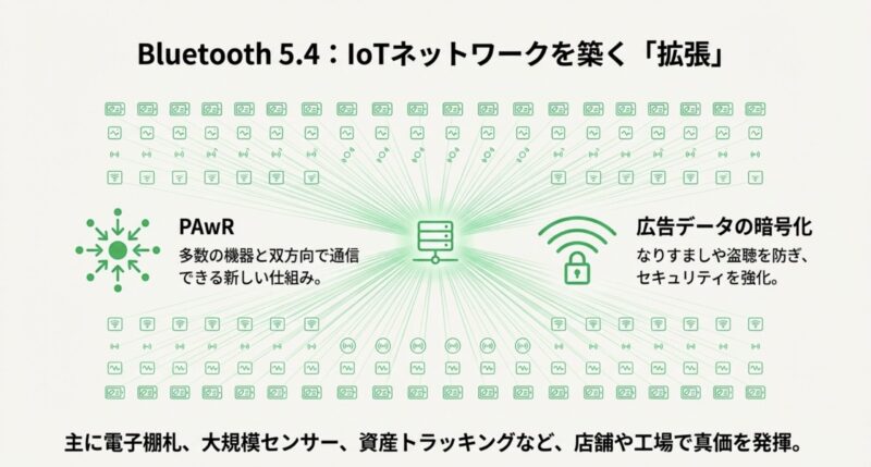Bluetooth 5.4で追加されたPAwRによる多数デバイスとの双方向通信と、広告データ暗号化によるセキュリティ強化を示すスライド。