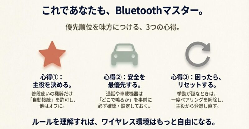 まとめスライド。「①主役を決める」「②安全を最優先する」「③困ったらリセットする」の3つのポイントが書かれたチェックリスト。