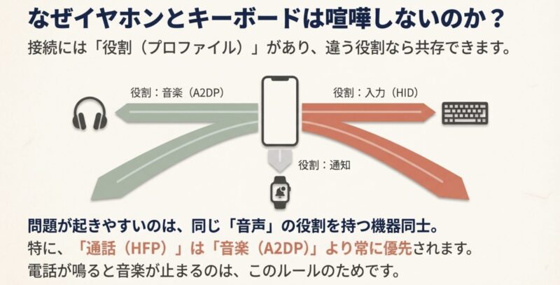 音楽(A2DP)、入力(HID)、通知など役割が異なれば共存できるが、同じ音声役割だと競合することを示したアイコン図