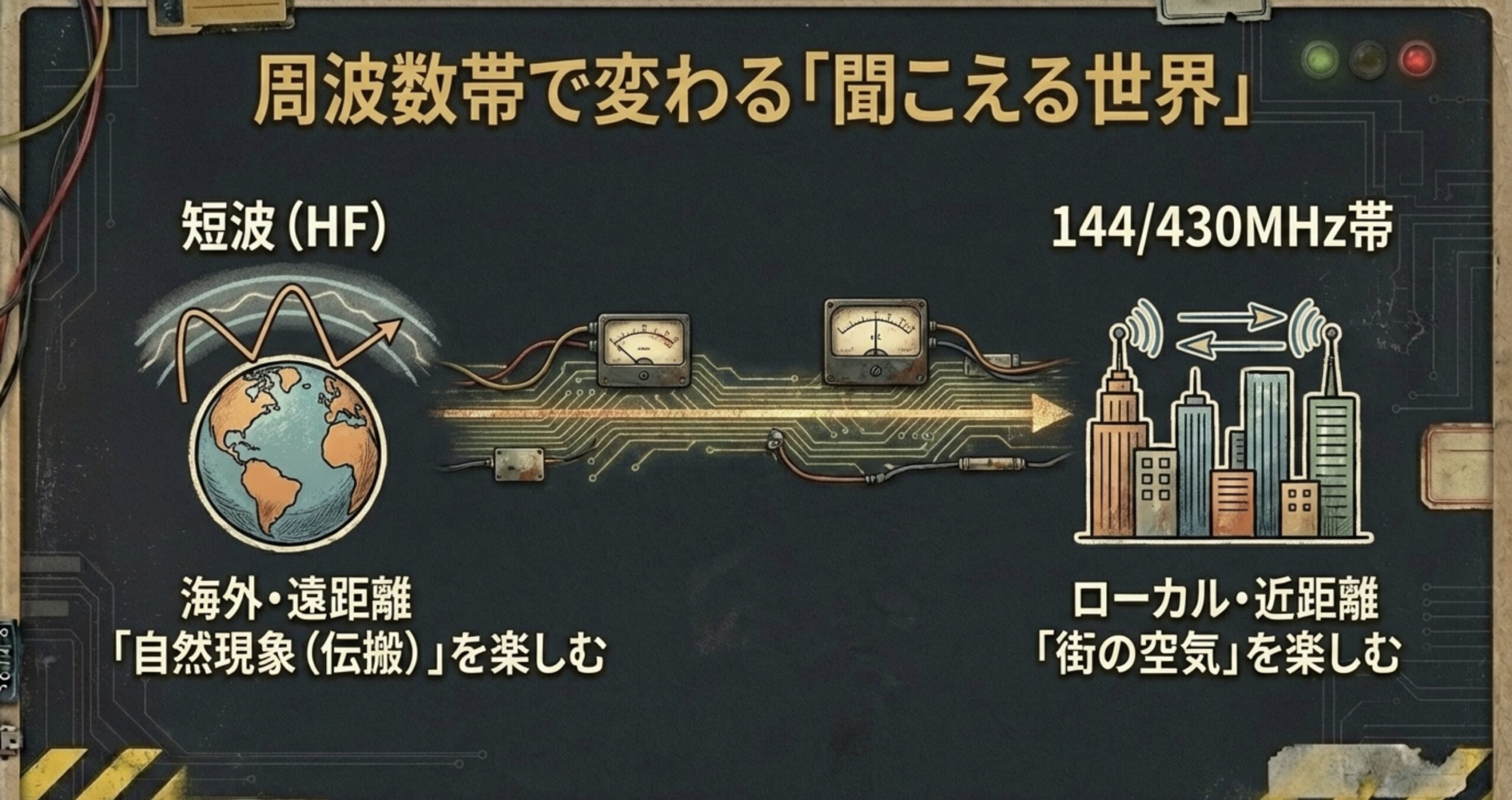 短波が地球規模で反射し、VHF/UHFが街中や近距離で届く様子を表した比較イラスト