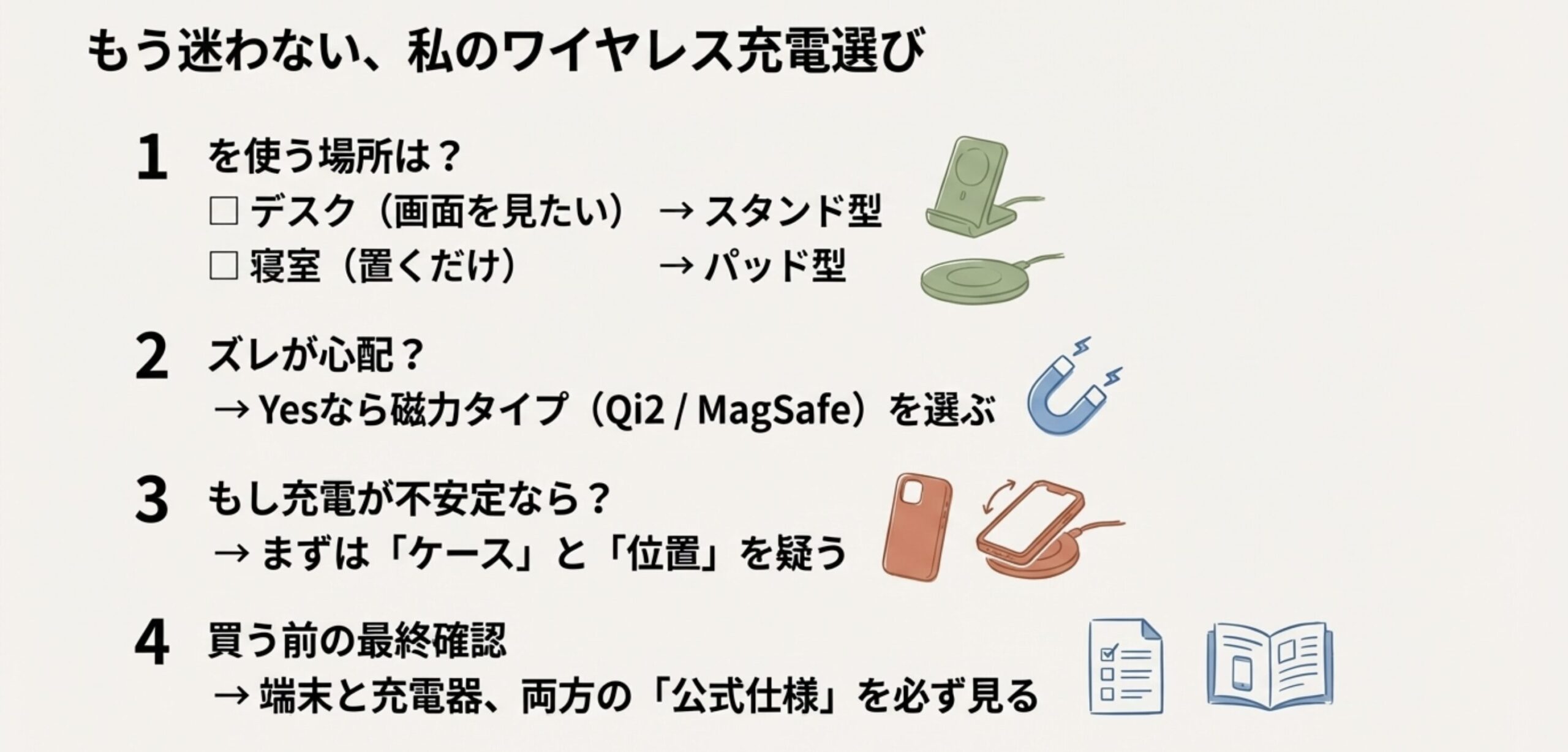自分に合うワイヤレス充電器を選ぶためのチェックリスト。使う場所（デスク・寝室）や、ズレ防止（MagSafe/Qi2）の必要性に応じた選び方をまとめた図。
