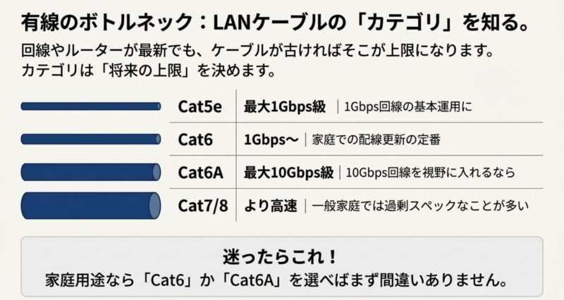 Cat5e・Cat6・Cat6AなどLANケーブル規格ごとの性能比較表