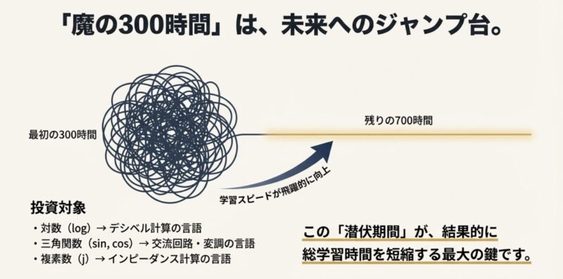 一陸技の学習初期に必要な300時間と、対数・三角関数・複素数といった基礎ツールの習得が学習効率を高めることを示す概念図