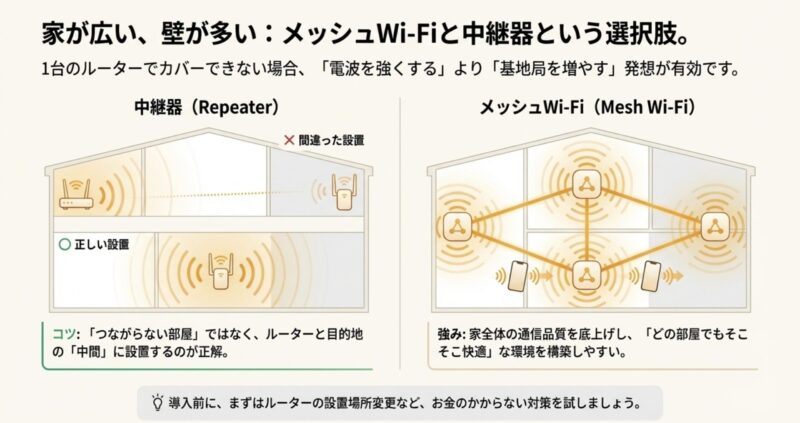 中継器とメッシュWi-Fiの設置イメージ比較図