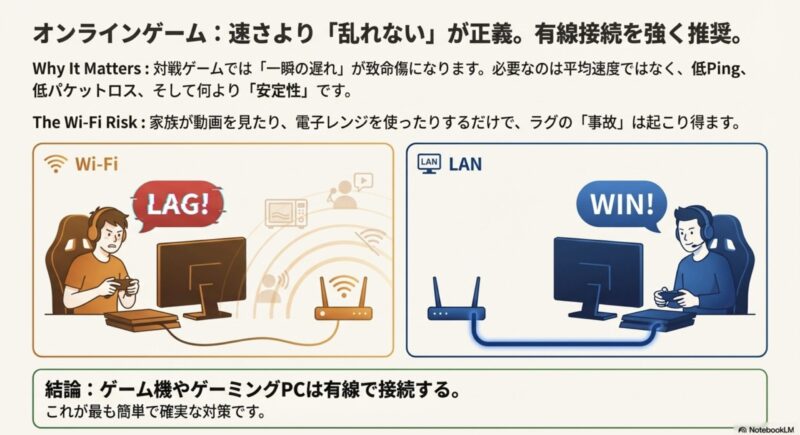 Wi-Fiと有線LANでのゲーム遅延の違いを比較したイラスト