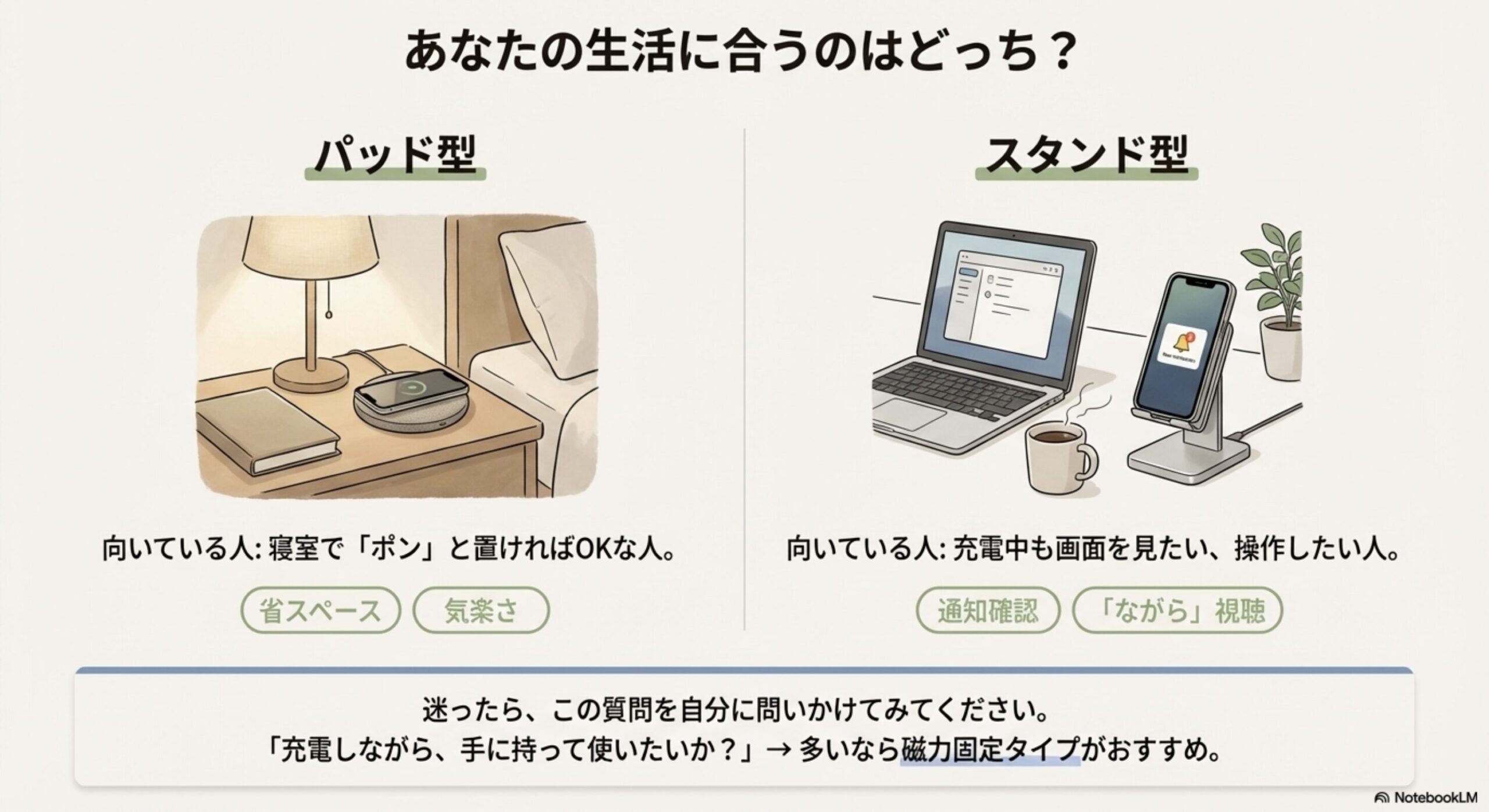 生活スタイルに合わせた充電器の選び方。寝室には省スペースなパッド型、デスクでの作業中には画面が見やすいスタンド型が適しているイラスト。