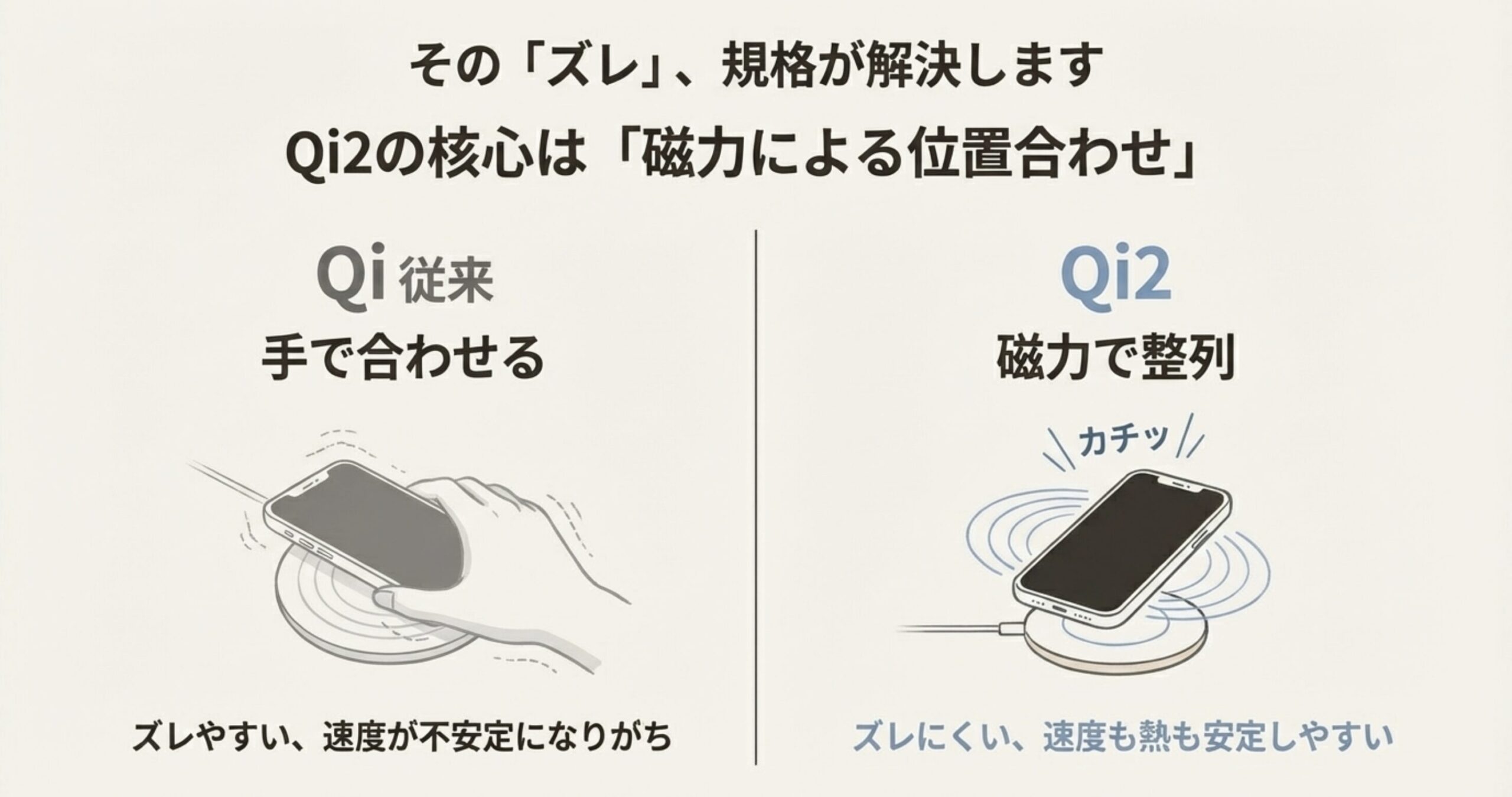QiとQi2の比較イラスト。従来のQiは手で合わせるためズレやすいが、Qi2は磁力（マグネット）でカチッと整列し、充電効率が安定することを示している。