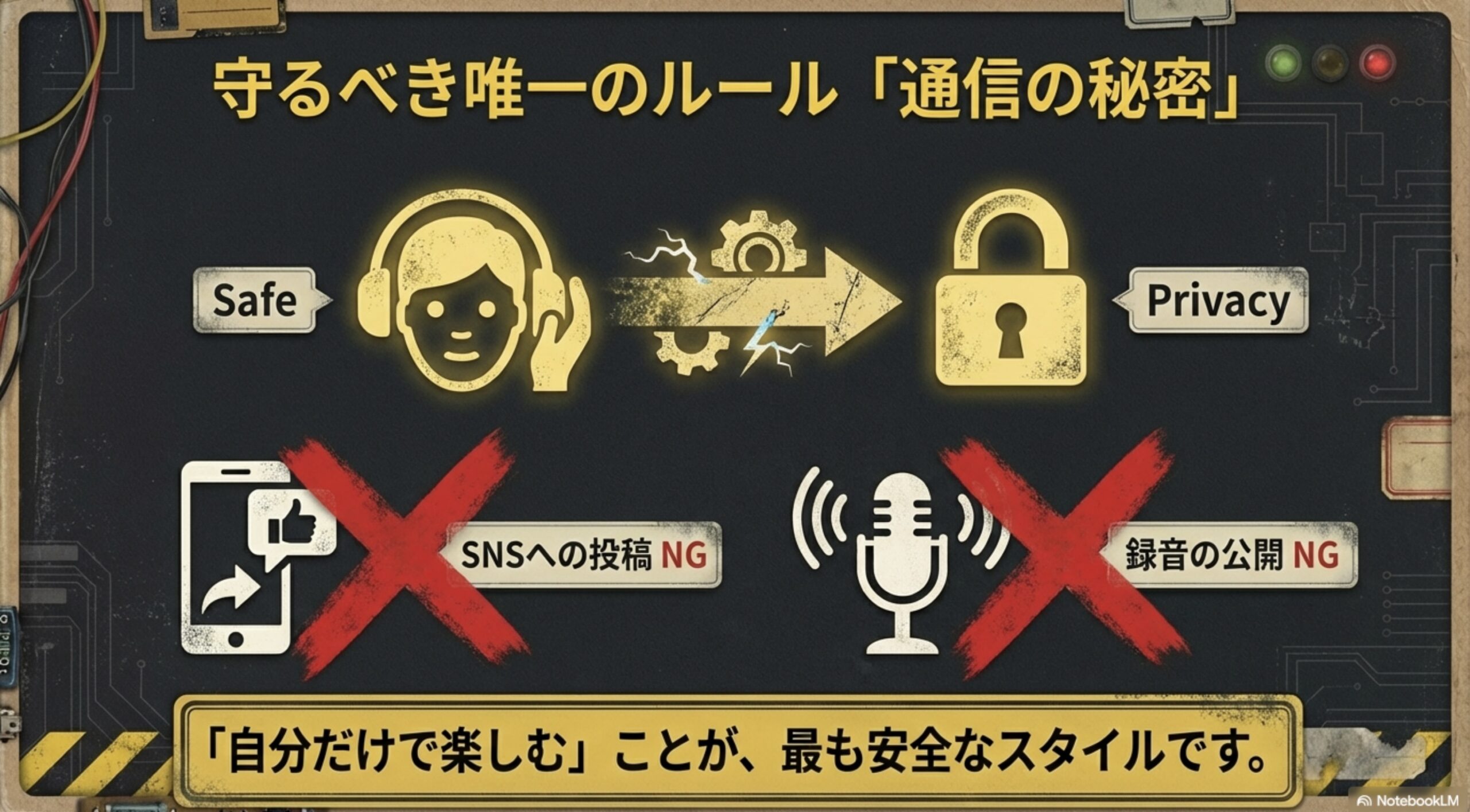 アマチュア無線の受信内容をSNSに投稿したり録音を公開してはいけないことを示すイラスト