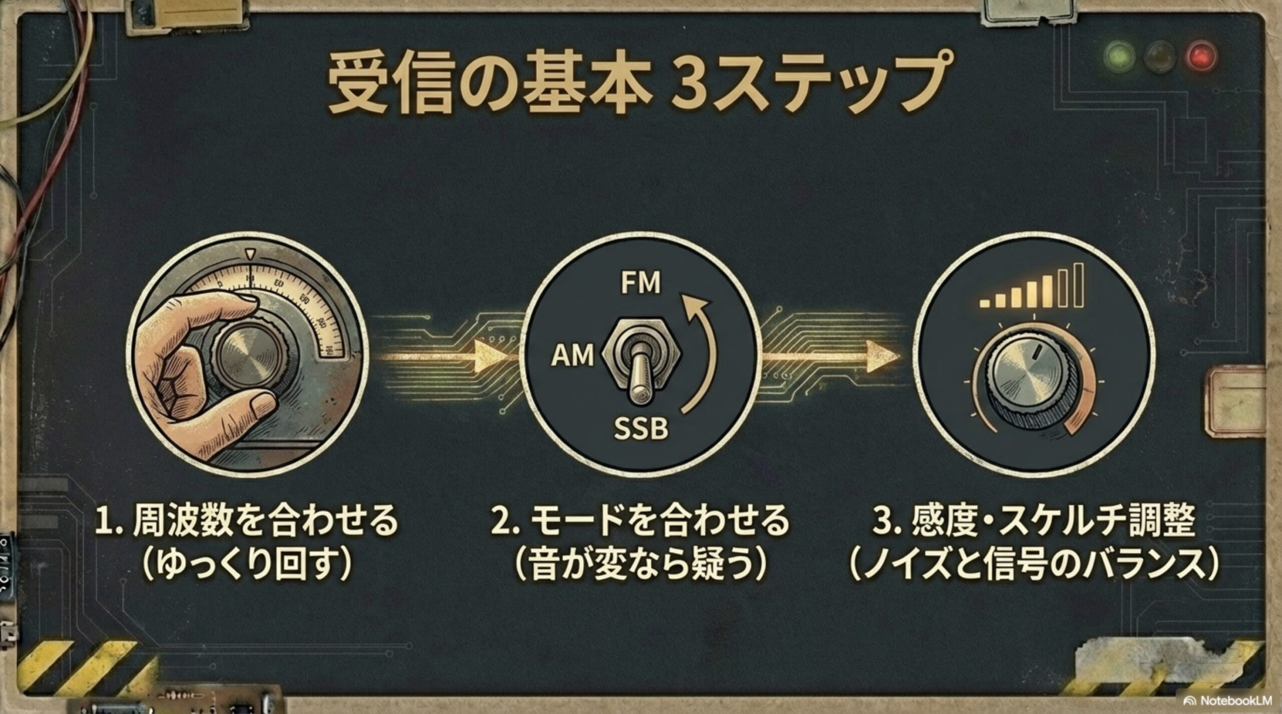 受信機のダイヤルを回して周波数、モード、感度を調整する3つの手順のイラスト