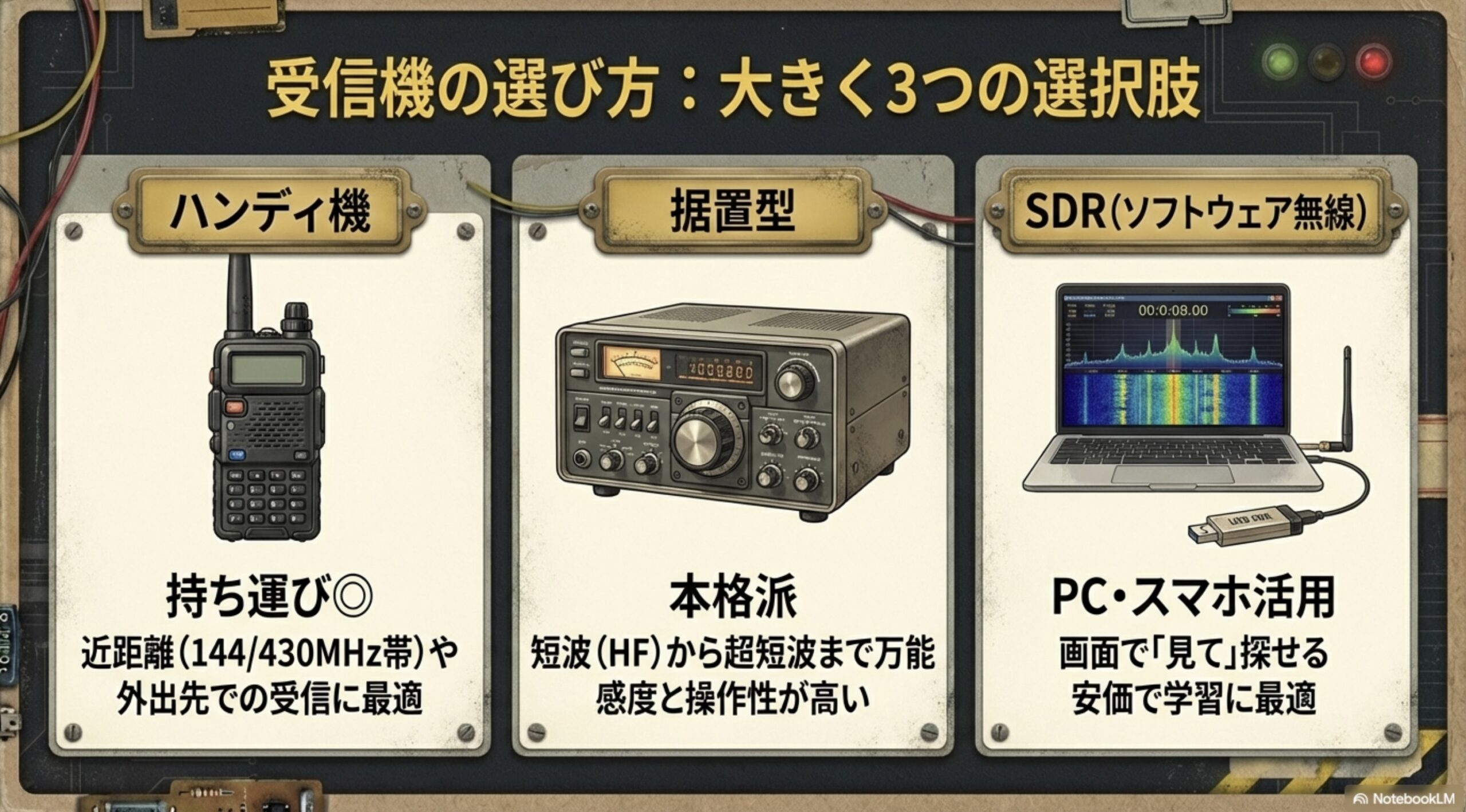 アマチュア無線受信機の種類であるハンディ機、据置型、SDRの特徴と選び方の比較図