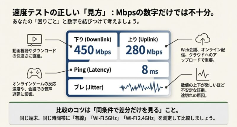 下り・上り・Ping・ジッターの意味を説明した速度テスト図