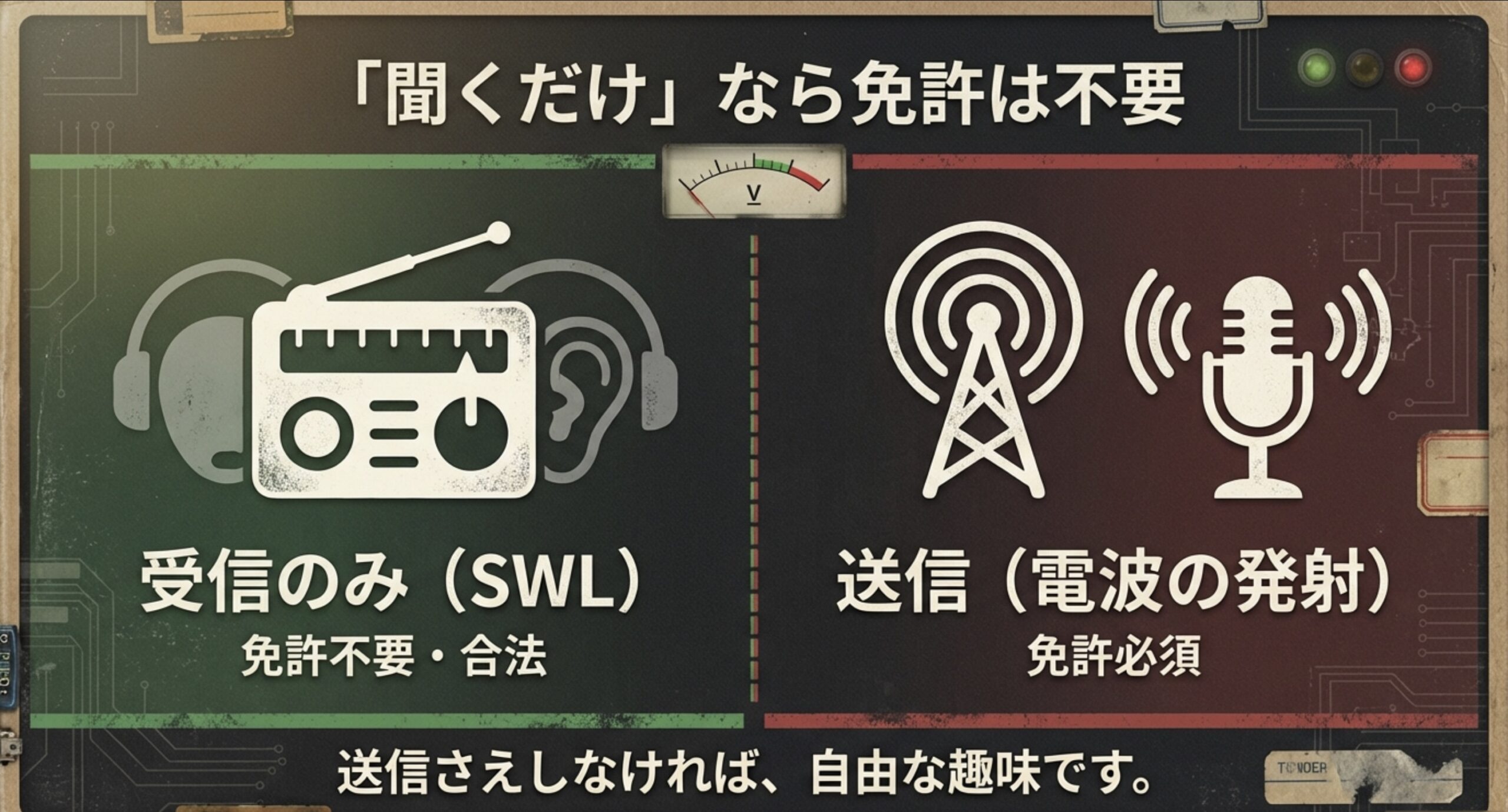アマチュア無線において受信のみなら免許不要、送信するなら免許必須であることを示すフローチャート