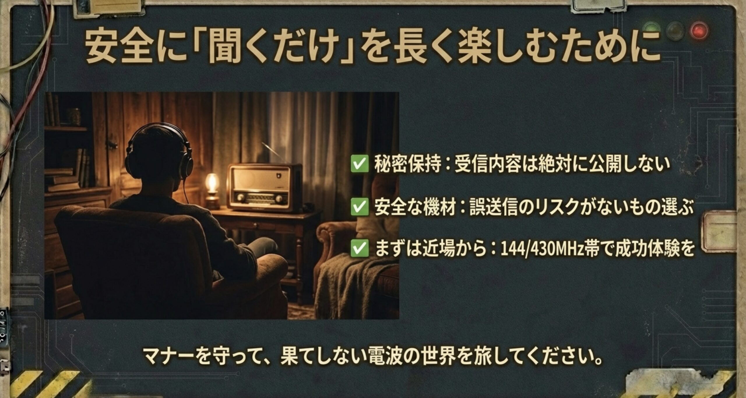 秘密保持、安全な機材選び、マナーを守って受信趣味を楽しむためのまとめスライド