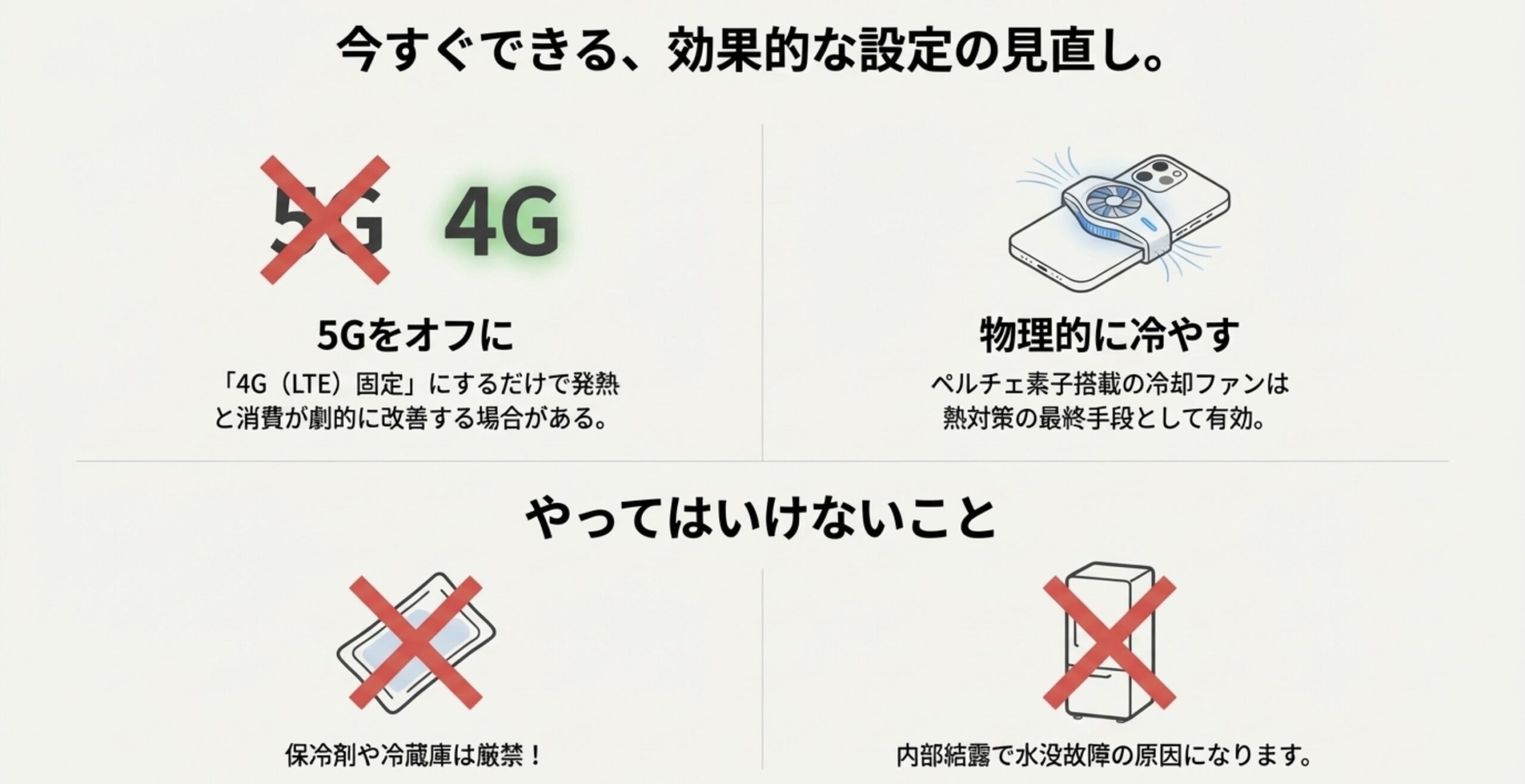 5Gオフ設定、冷却ファンの活用、保冷剤や冷蔵庫の使用禁止の警告