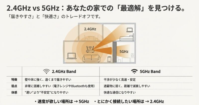 到達距離と速度の違いを2.4GHz帯と5GHz帯で比較した図