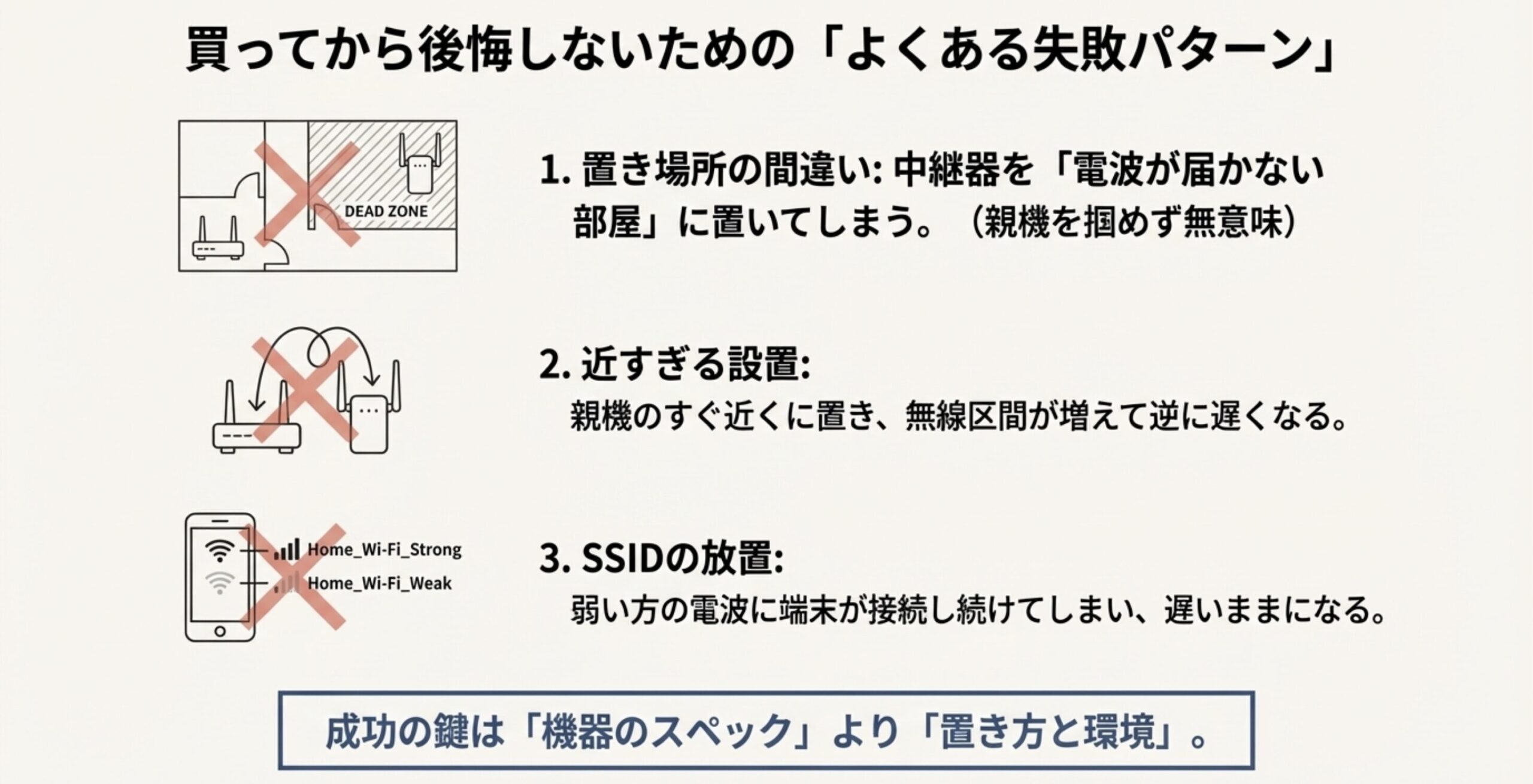 中継器を圏外の部屋に置く、親機の近くに置きすぎる、SSIDを整理せず端末が弱い電波に居座るなどの失敗例を図で示す