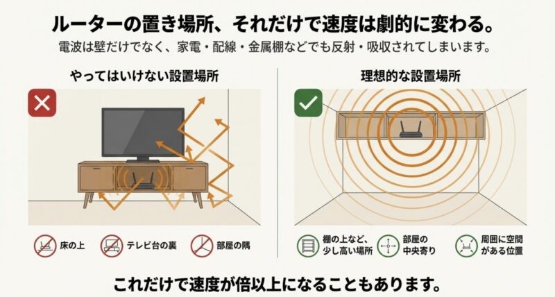ルーターの悪い設置例と良い設置例を比較した図