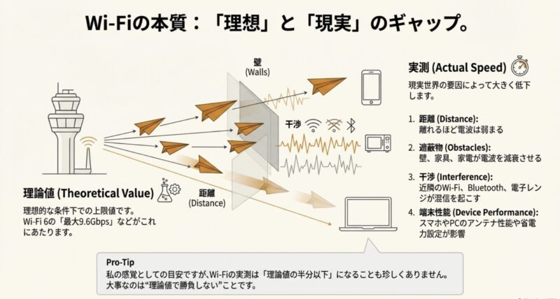 距離・壁・干渉・端末性能によってWi-Fi速度が低下する仕組みの図解