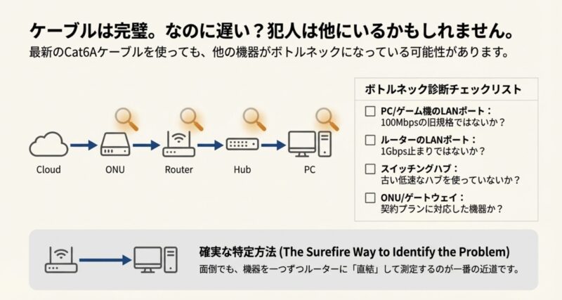 PC・ルーター・ハブ・ONUのどこが速度低下原因かを示す構成図