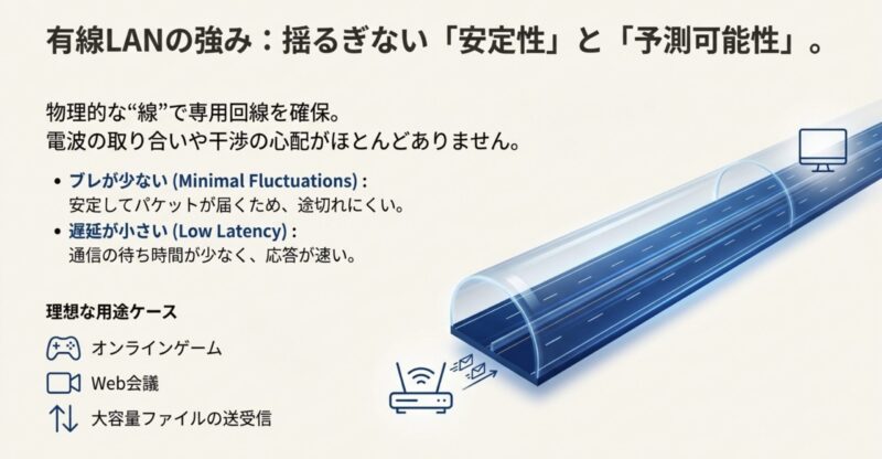 電波干渉を受けず低遅延で通信できる有線LANの特性を示す図