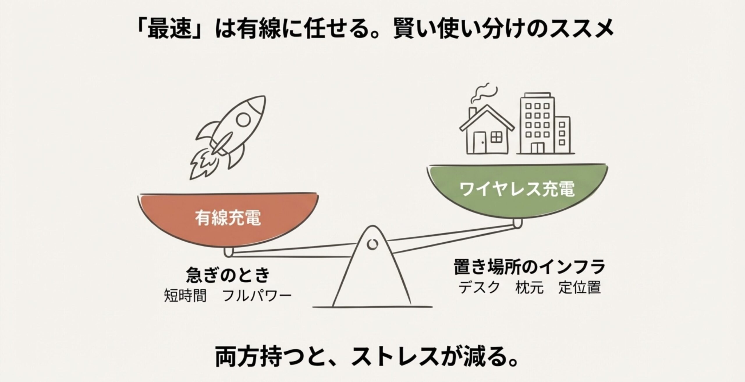 天秤のイラスト。急ぎでフルパワーが必要な時は有線充電、デスクや枕元でのインフラとしてはワイヤレス充電という役割分担を示している。