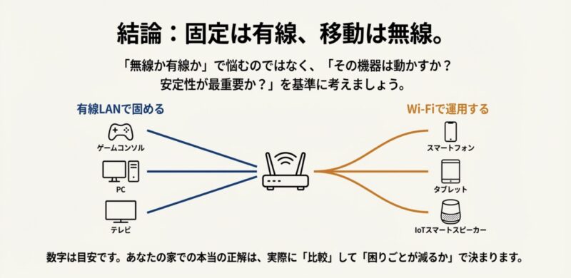 固定機器は有線、移動機器はWi-Fiという最適構成を示した図