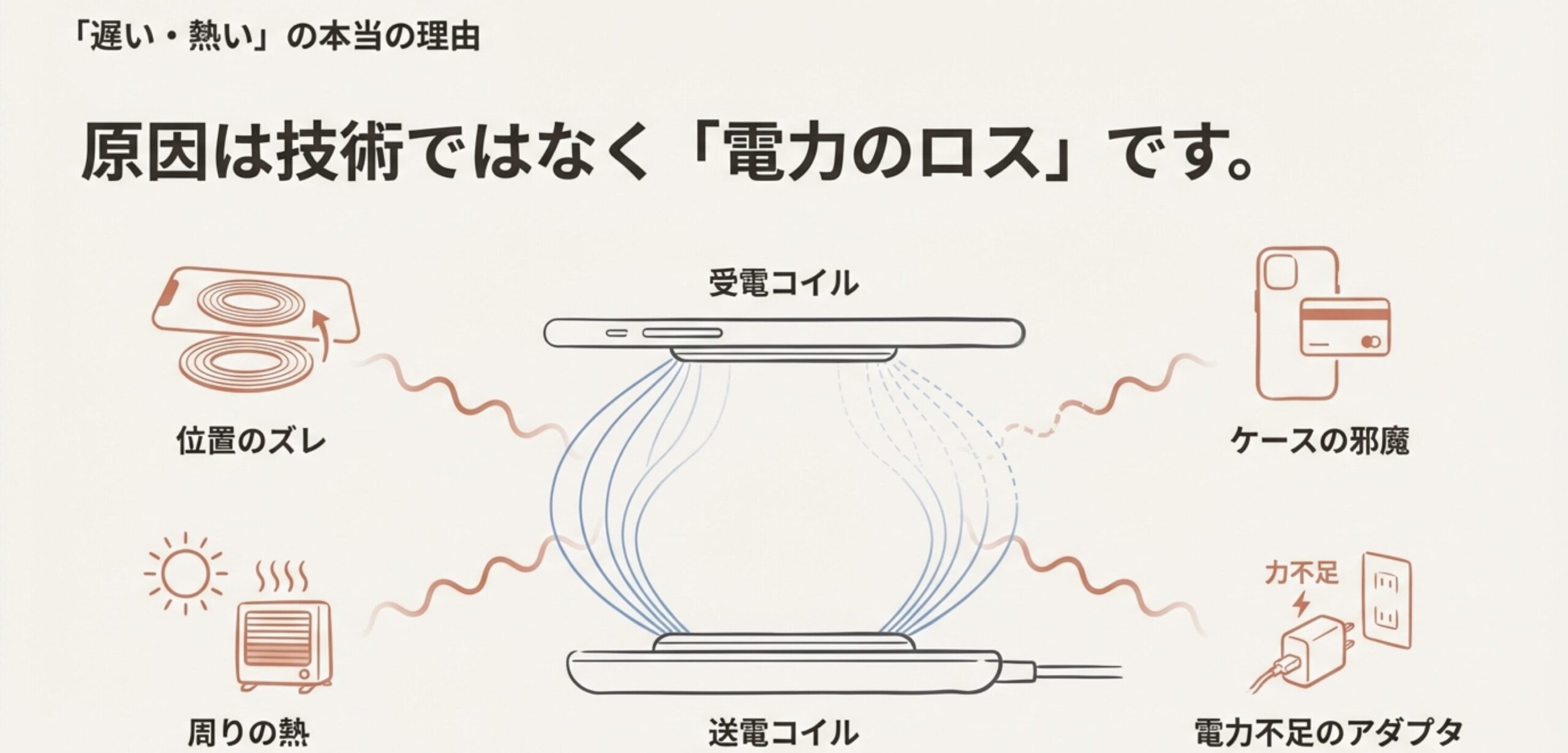 ワイヤレス充電の仕組み図解。位置ズレ、ケースの厚み、コイル間の距離、アダプタの電力不足が充電効率低下と発熱の原因になることを示している。