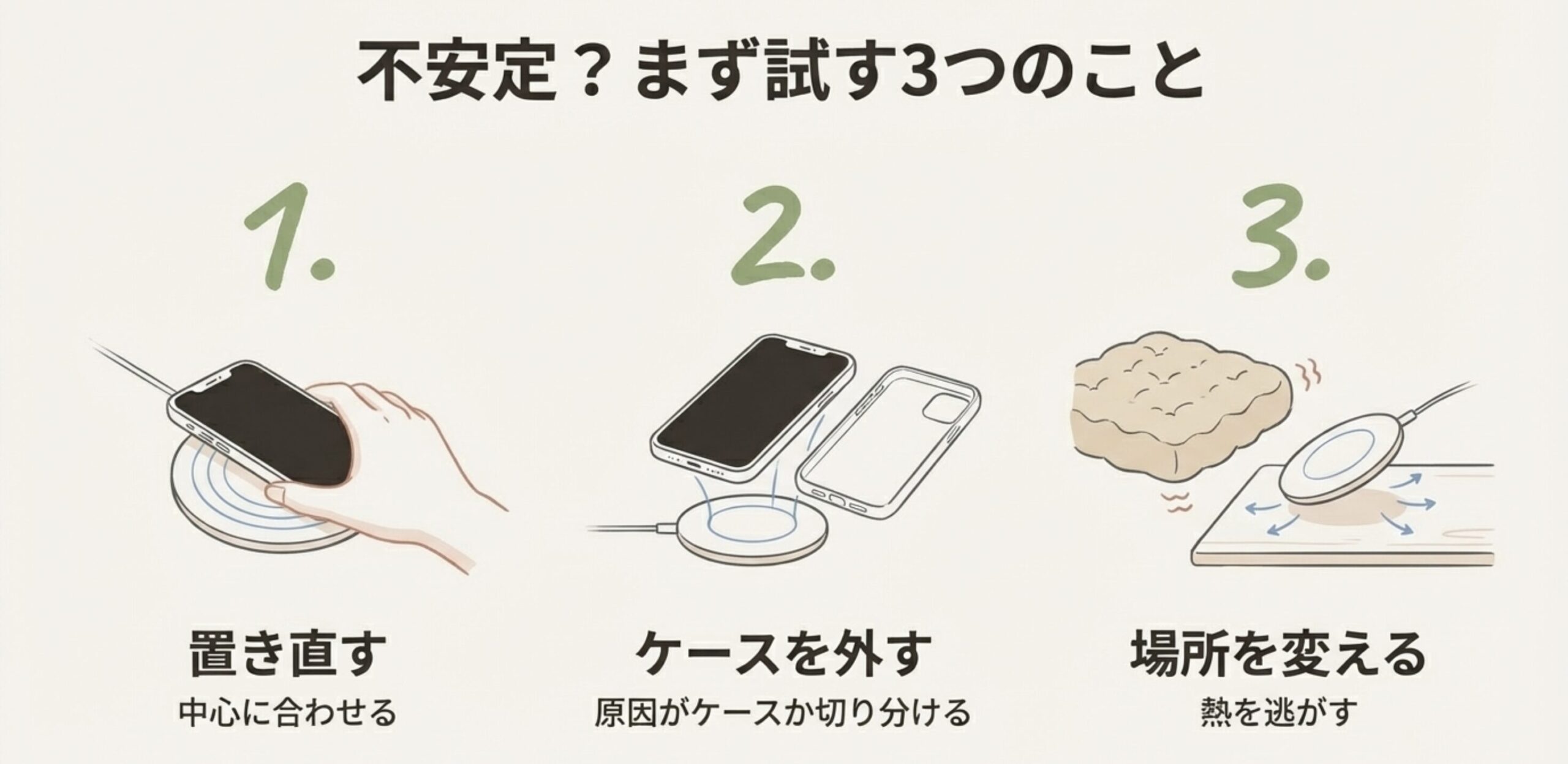 ワイヤレス充電が不安定な時の対策ステップ。1.置き直す（中心に合わせる）、2.ケースを外す、3.場所を変える（熱を逃がす）の手順解説。