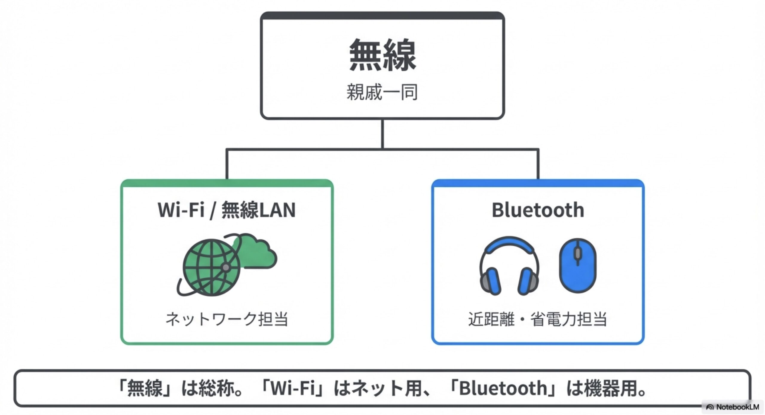 「無線」を親戚一同、「Wi-Fi/無線LAN」をネットワーク担当、「Bluetooth」を近距離・省電力担当として分類した階層図。