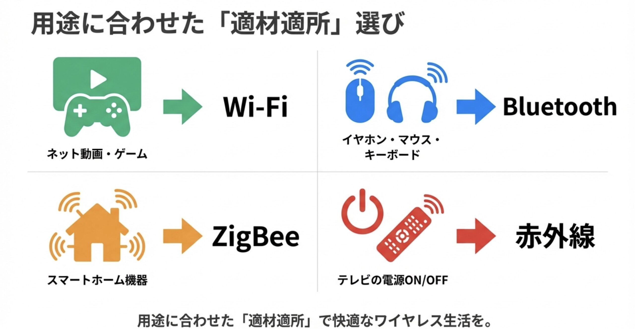動画やゲームにはWi-Fi、マウスやイヤホンにはBluetooth、スマートホームにはZigBee、テレビ操作には赤外線と、用途ごとの適材適所を示したアイコン群。