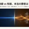 無線通信と有線LANを対比し、速度と安定性の違いを視覚的に示したイメージ