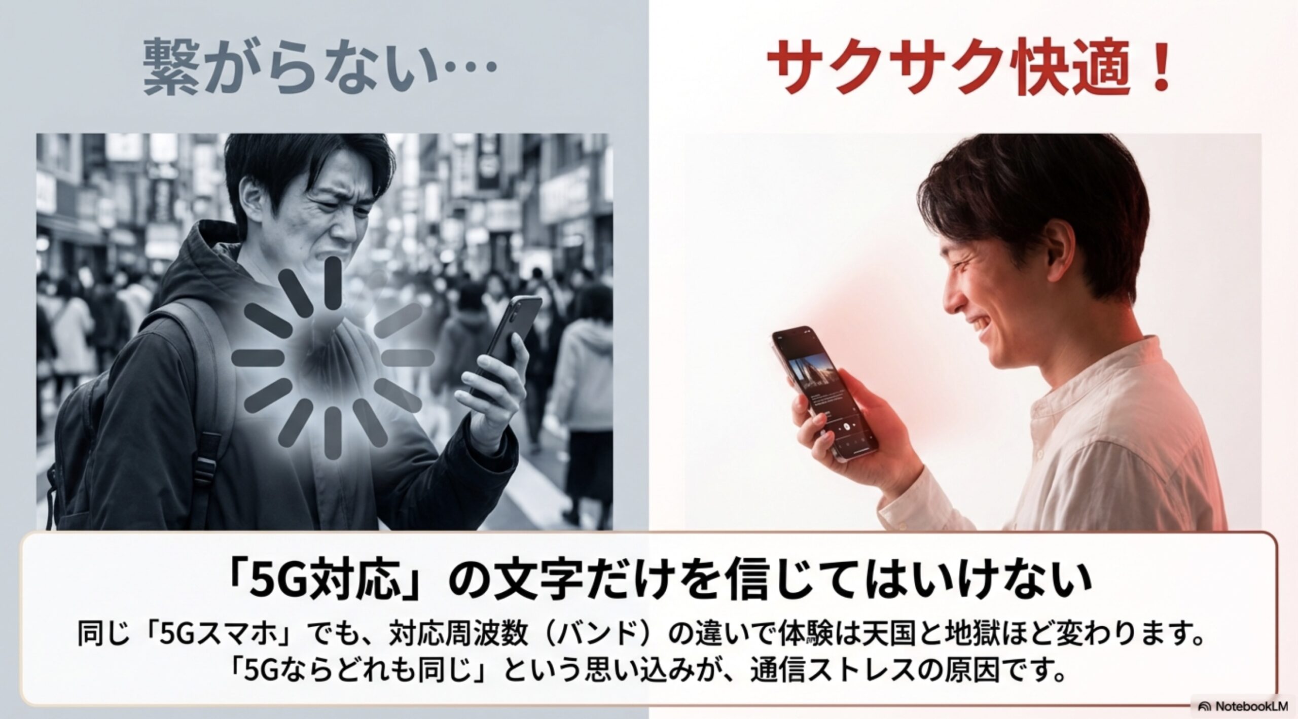 5G対応スマホを使っているのに通信の読み込みが遅くて困っているユーザーのイラスト