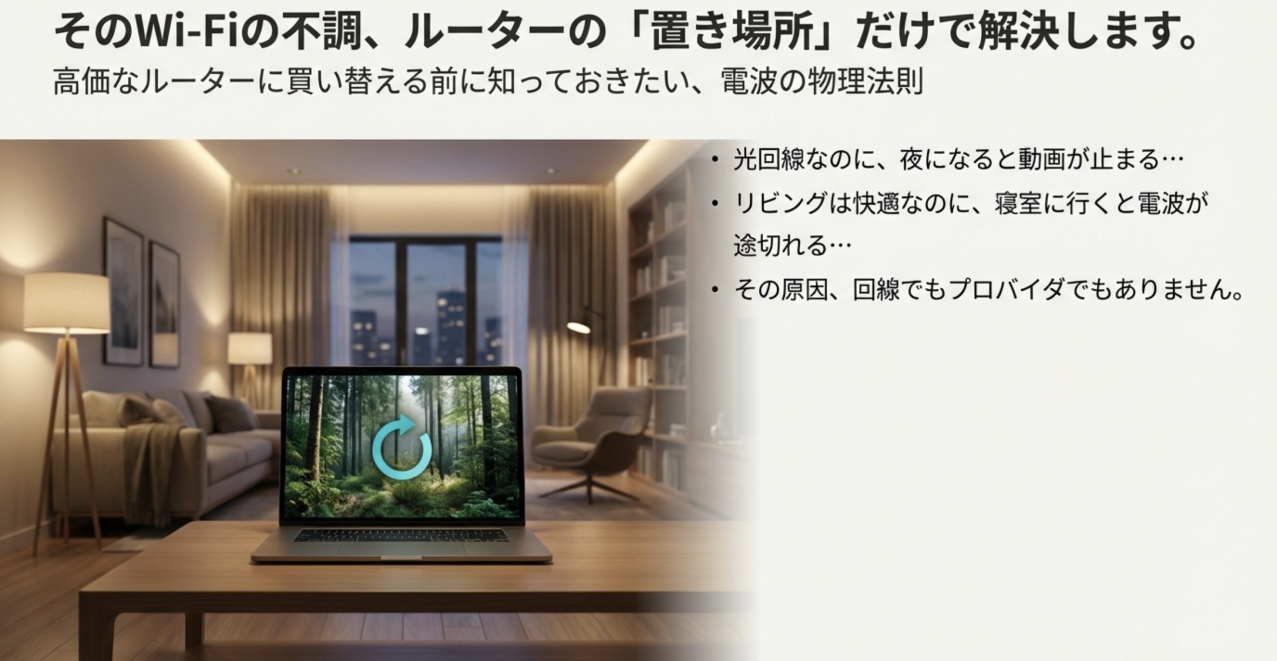 マンションのリビングにあるノートパソコンとWi-Fiがつながらないイメージ