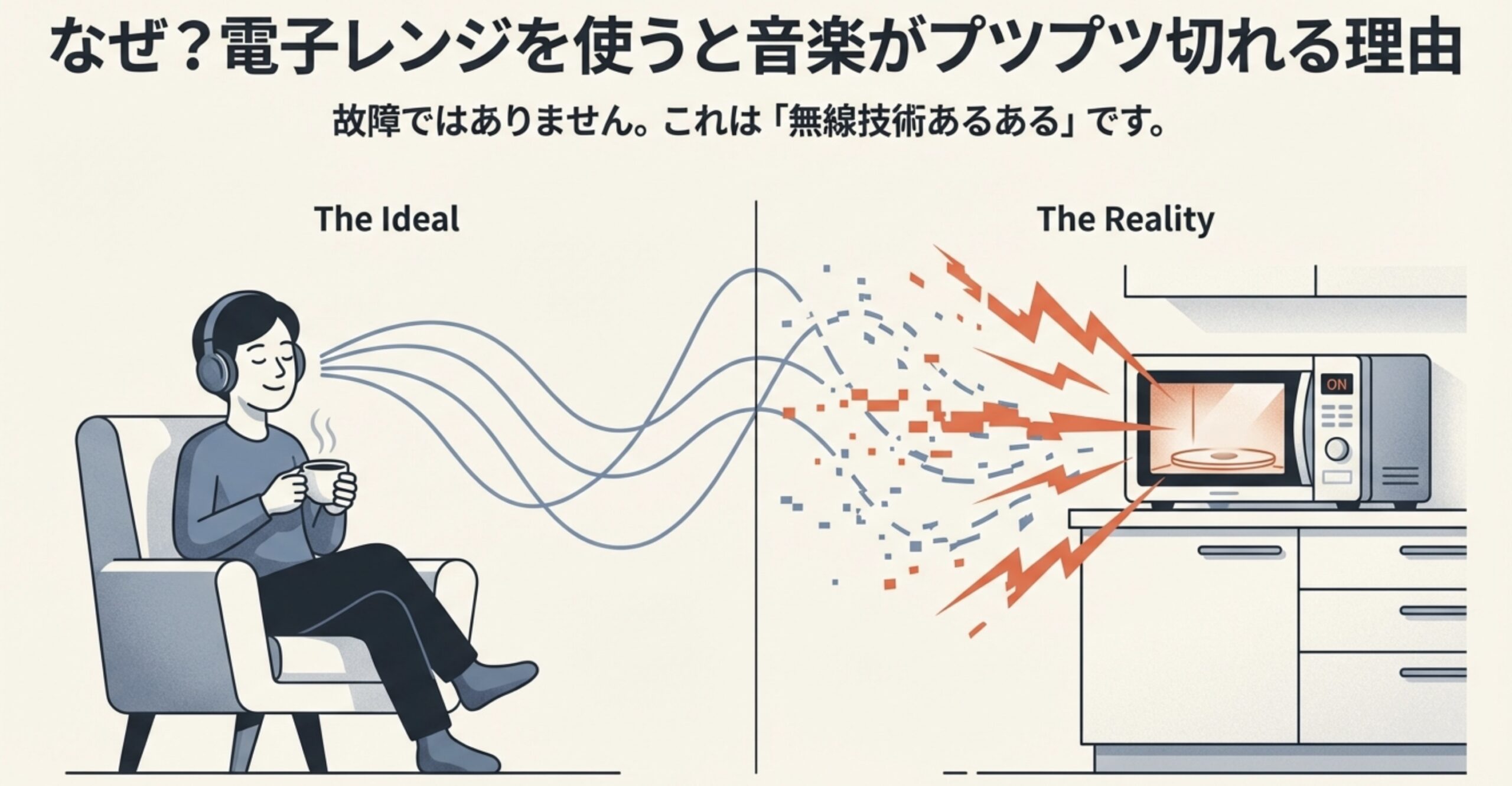 電子レンジを使うとBluetoothイヤホンの音楽にノイズが入る様子のイラスト