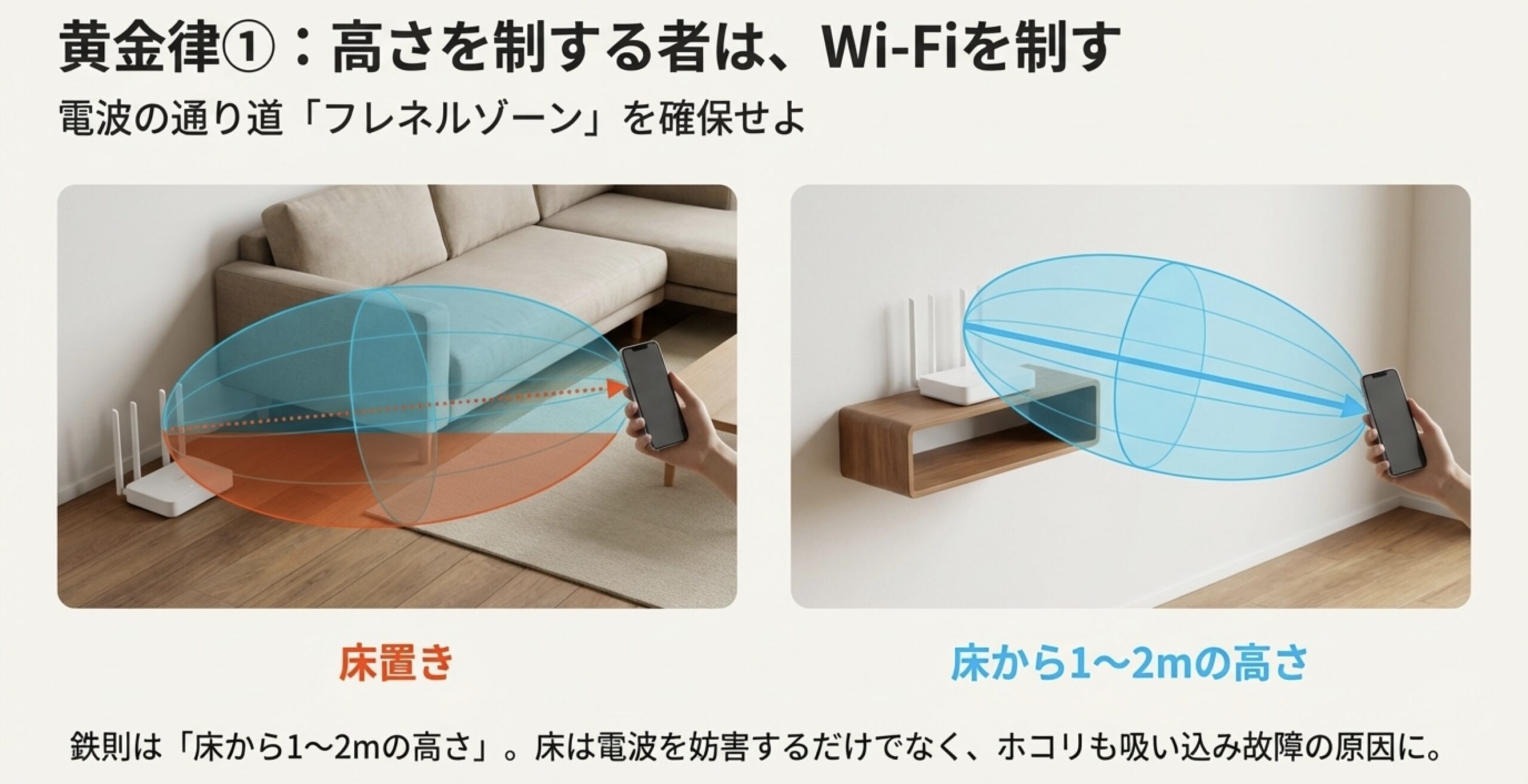 ルーターを床置きした場合と高い位置に置いた場合の電波の飛び方(フレネルゾーン)の比較図