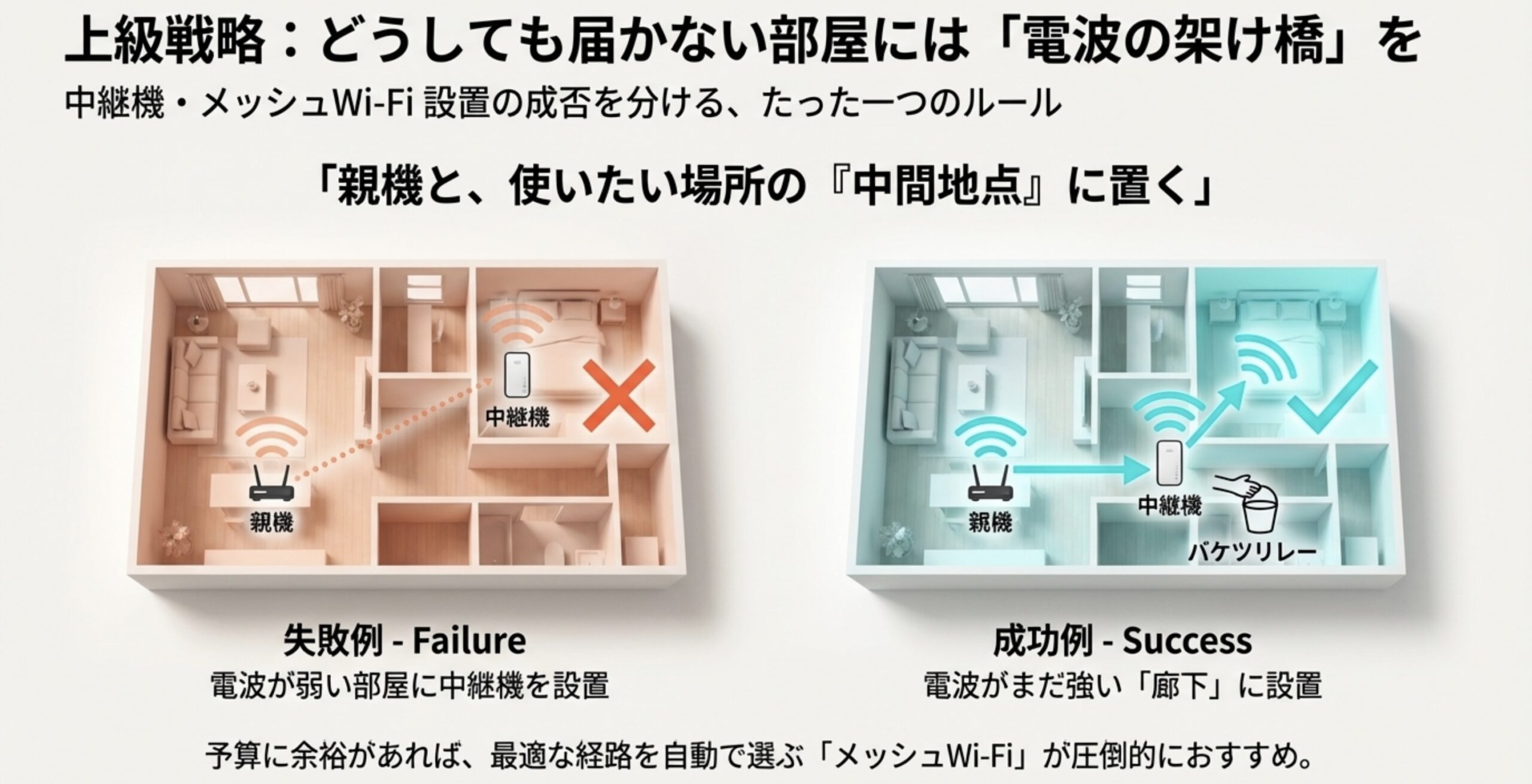 Wi-Fi中継機を親機と部屋の中間地点に設置してバケツリレーさせる図解