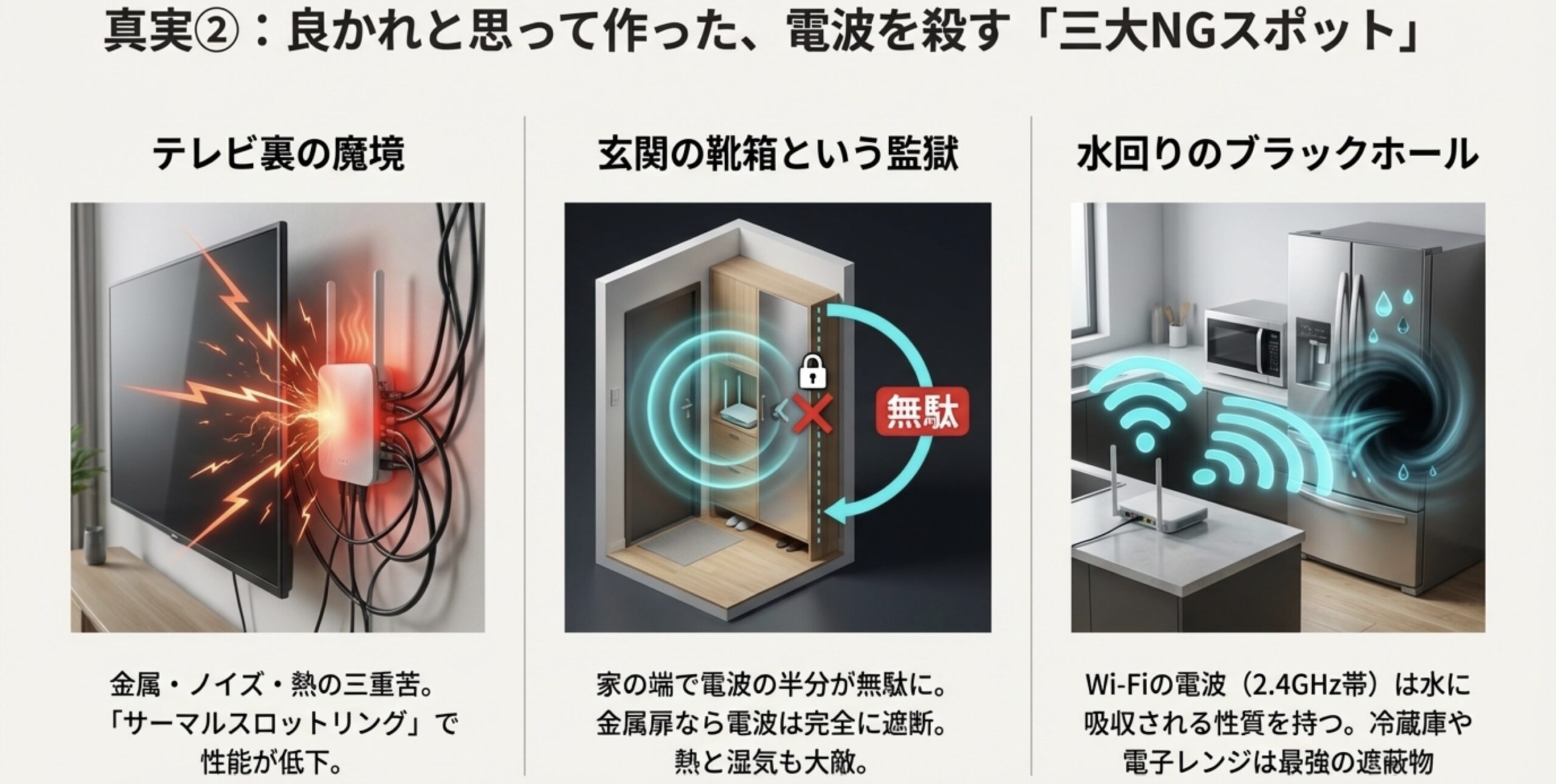 Wi-FiルーターのNGな置き場所3選(テレビ裏、玄関の靴箱、キッチンなどの水回り)