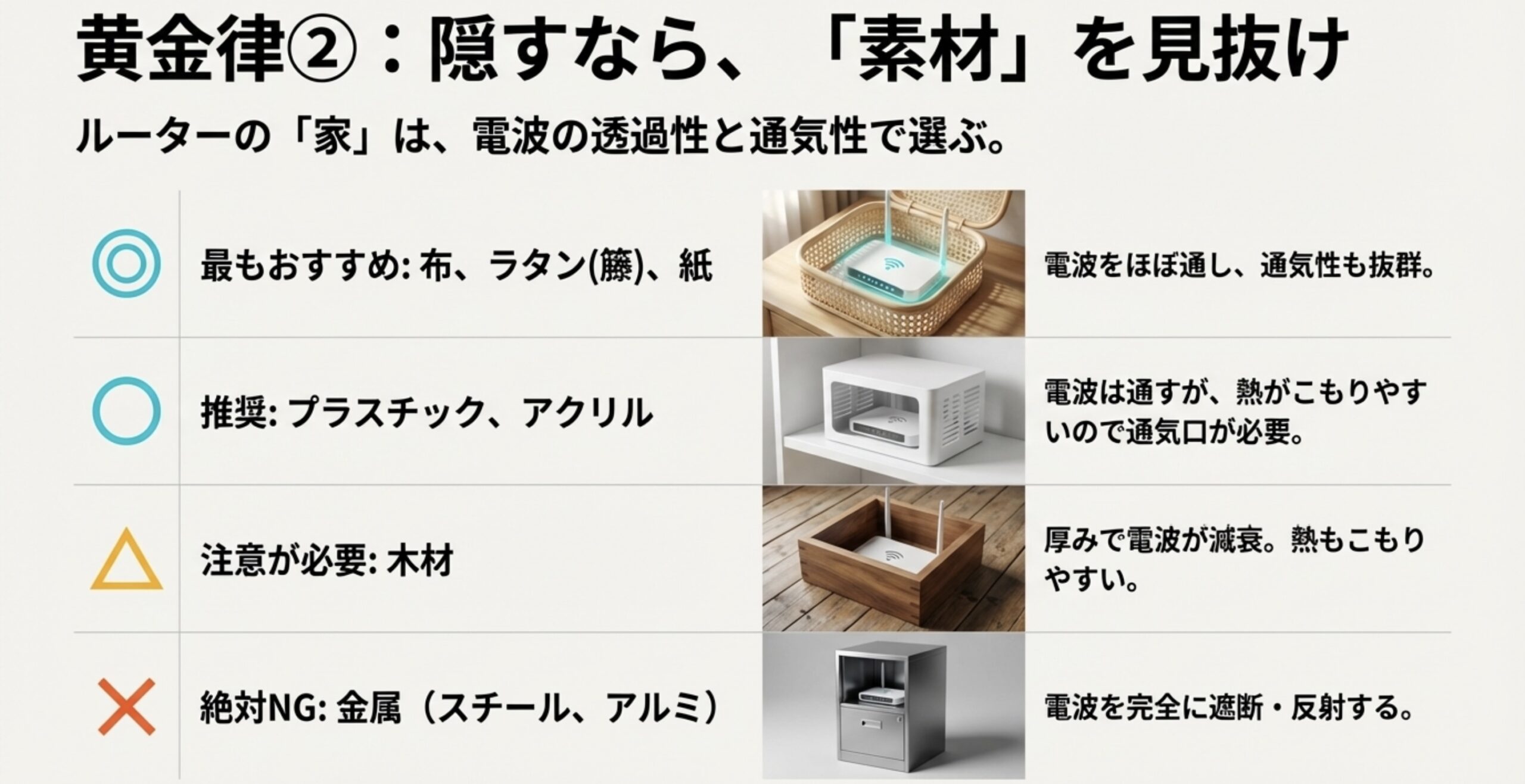 ルーター収納に適した素材と適さない素材の比較(金属はNG、布・ラタンはOK)
