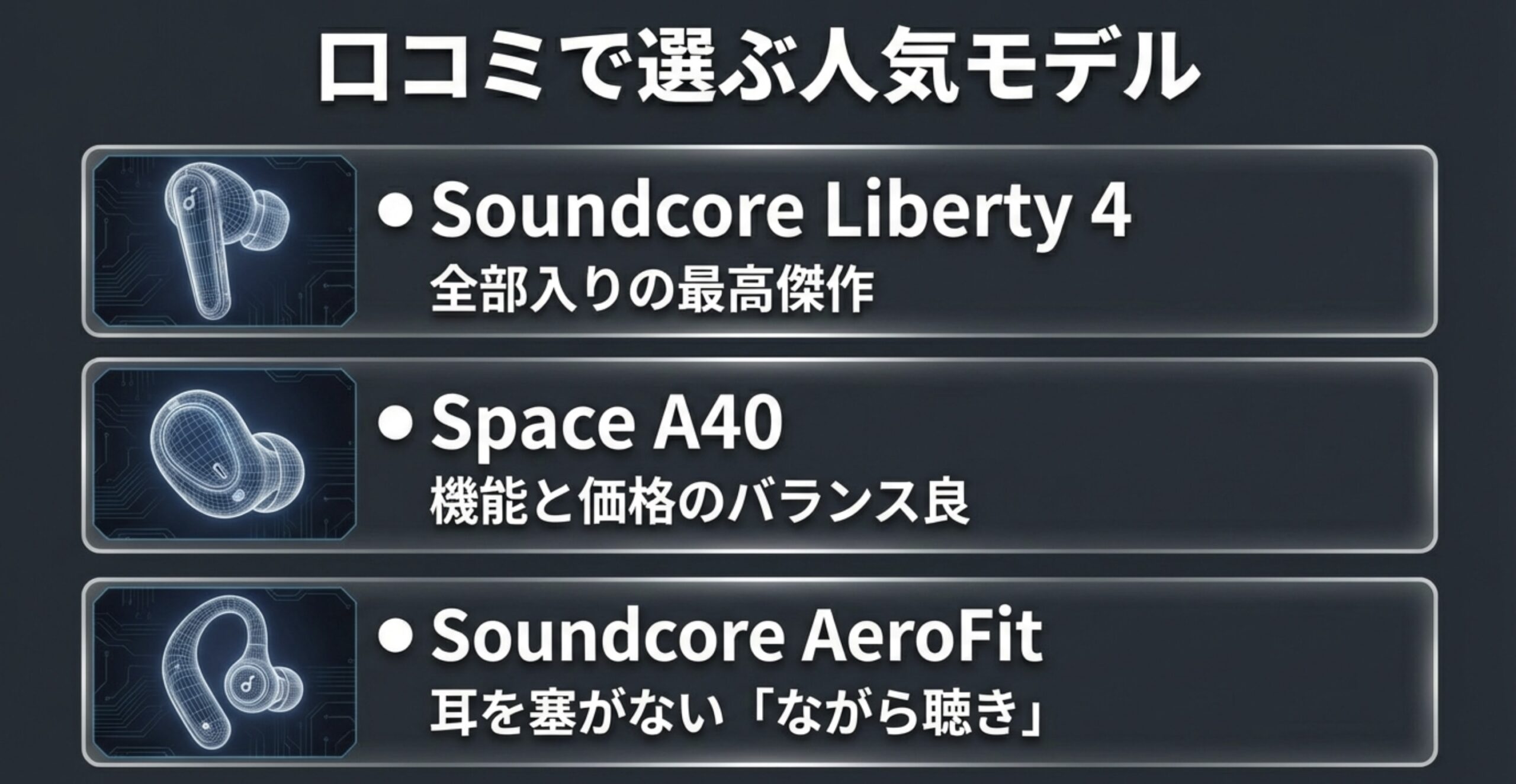 全部入りのSoundcore Liberty 4、機能バランスの良いSpace A40、ながら聴きのAeroFitの製品イメージ