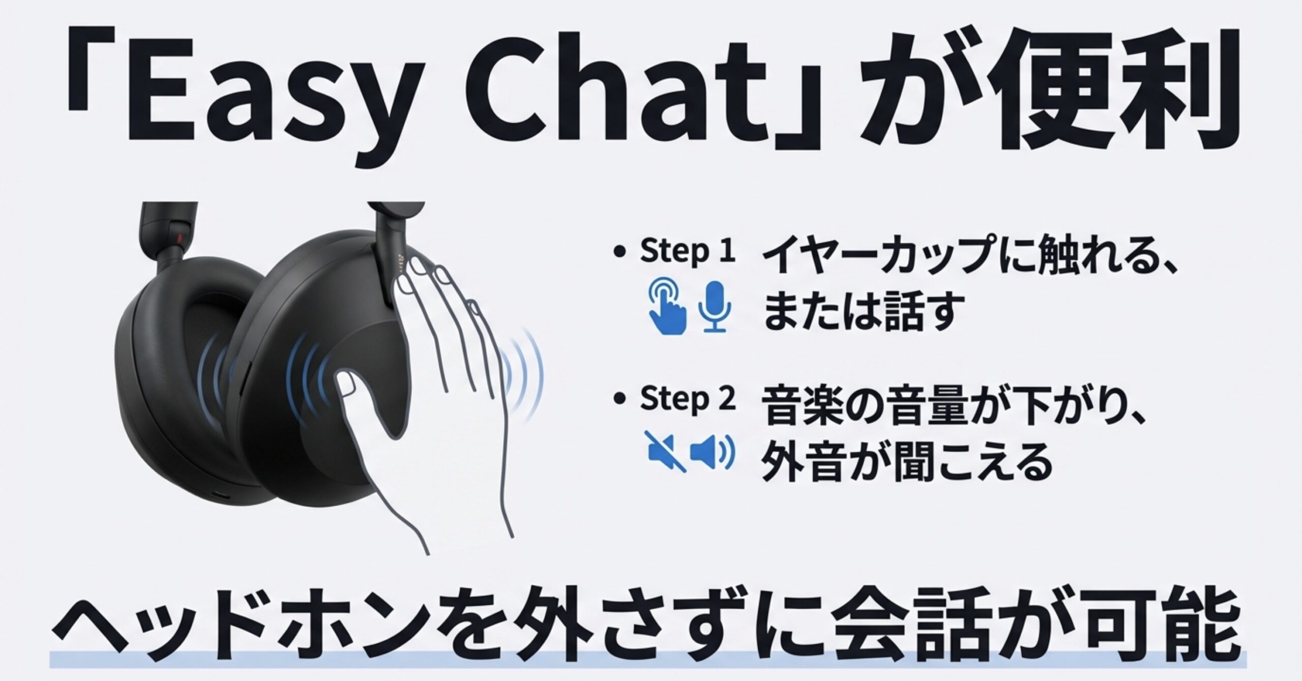 イヤーカップに触れるだけで会話ができるEasy Chat機能