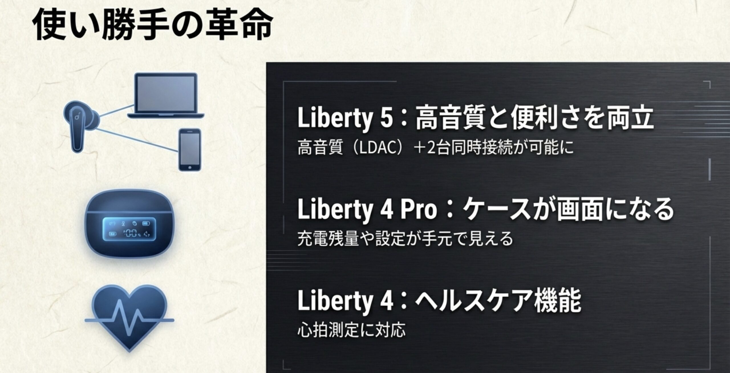 Liberty 5の2台同時接続、Proのケース画面操作、4のヘルスケア機能など使い勝手の比較