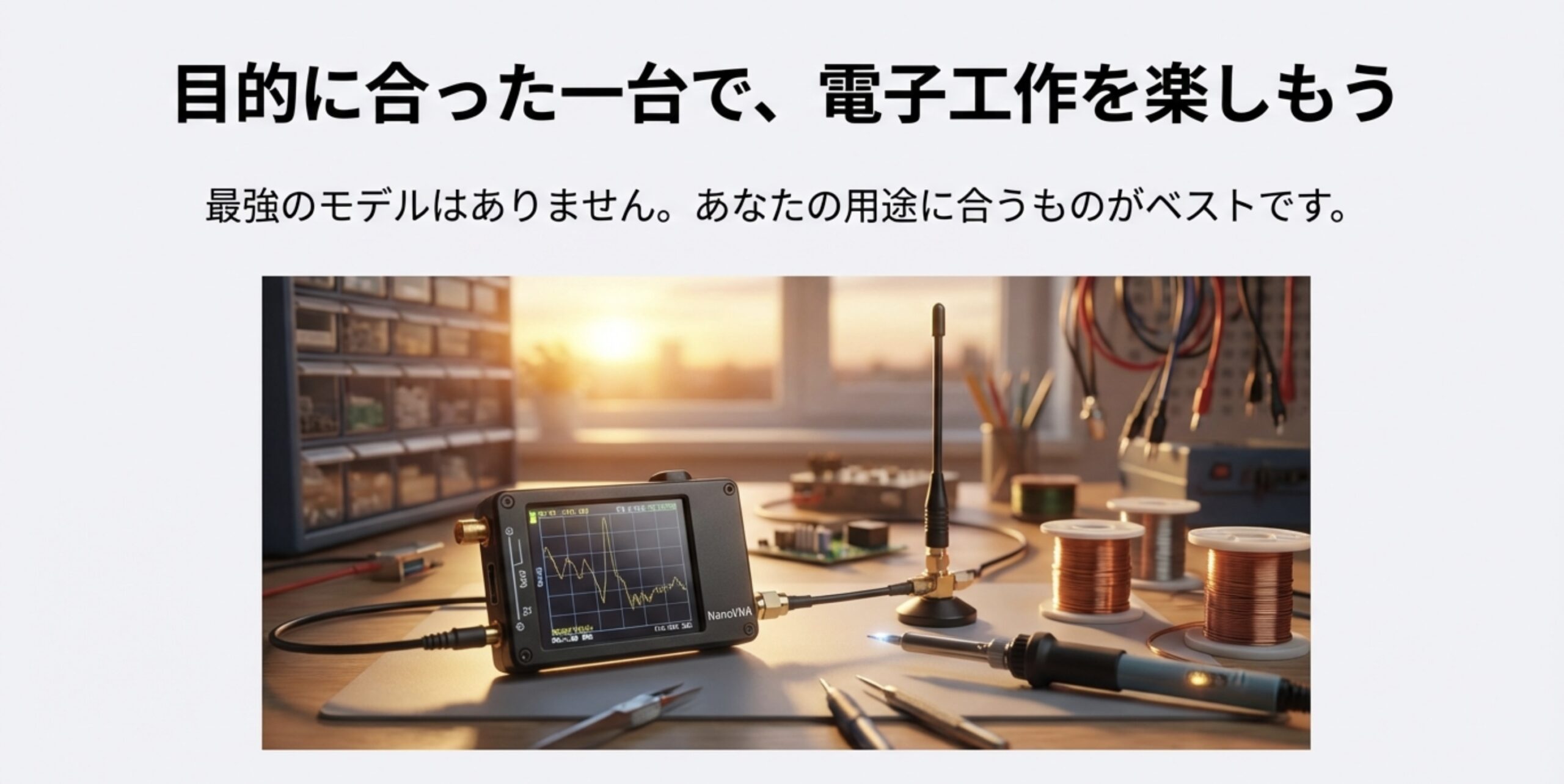 作業机の上に置かれたNanoVNAとハンダごて、工具類。夕日が差し込む窓辺の風景。「目的に合った一台で、電子工作を楽しもう」というメッセージ。
