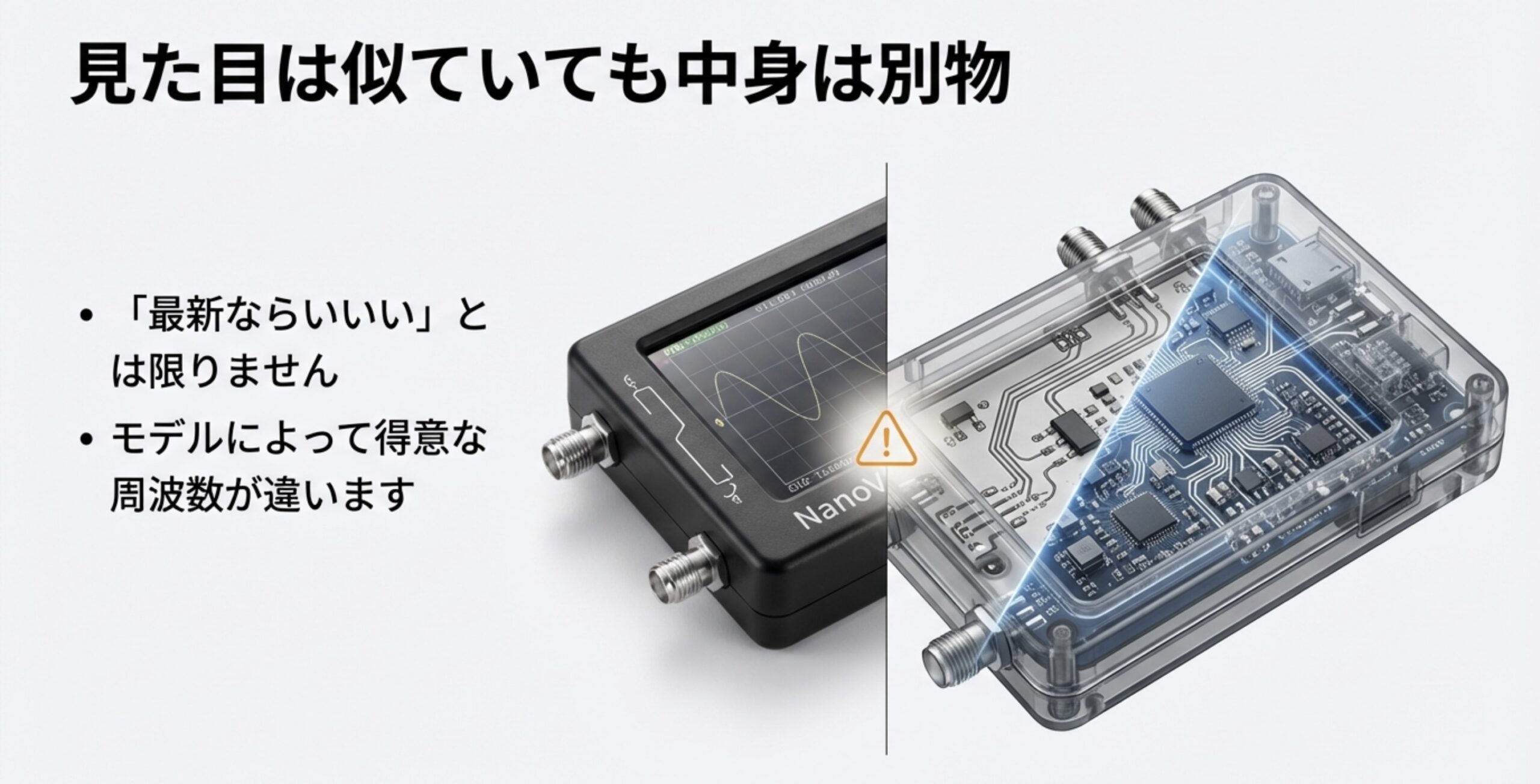 黒いケースに入ったNanoVNAと、内部基板が見える透視図。「見た目は似ていても中身は別物」という注意書きとチップの拡大図。