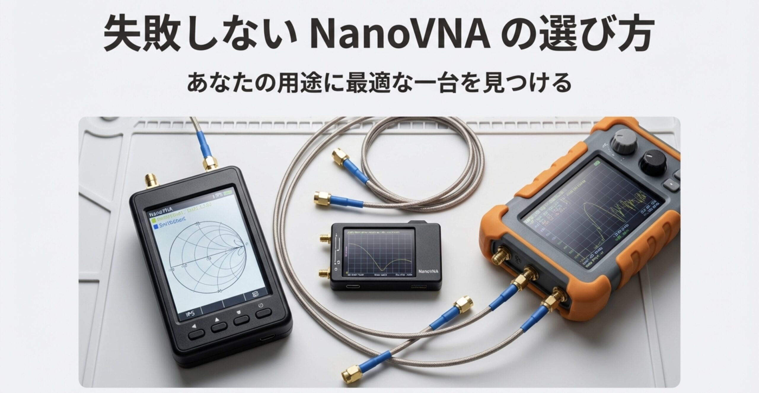 NanoVNA-H4、LiteVNA、NanoVNA-Fの3機種が並んでいる様子。「失敗しないNanoVNAの選び方」というタイトル文字。