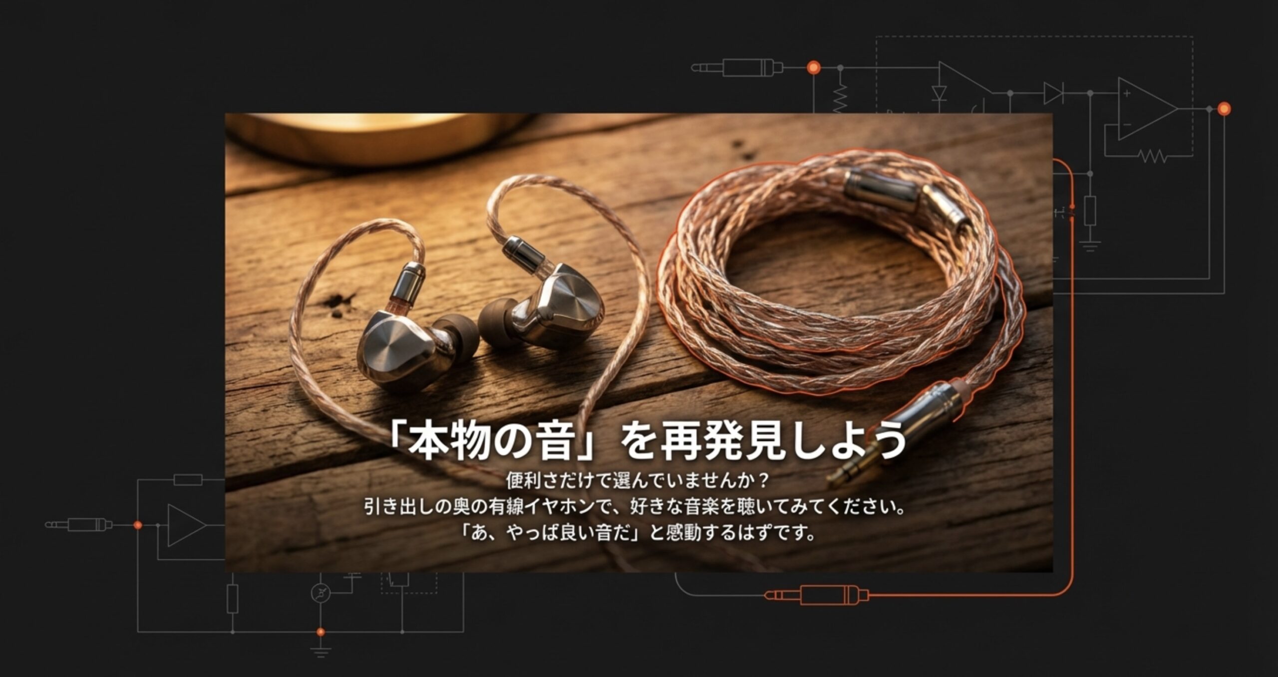 便利さだけでなく本物の音質を再発見するために、有線イヤホンを使ってみようというメッセージ